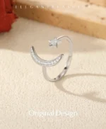 ⁦925 Sterling Silver Trendy Adjustable Rings Delicate Moon Stars CZ Finger Rings⁩ - الصورة ⁦5⁩