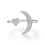 925 Sterling Silver Trendy Adjustable Rings Delicate Moon Stars CZ Finger Rings