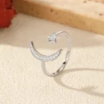 ⁦925 Sterling Silver Trendy Adjustable Rings Delicate Moon Stars CZ Finger Rings⁩ - الصورة ⁦3⁩