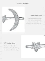 ⁦925 Sterling Silver Trendy Adjustable Rings Delicate Moon Stars CZ Finger Rings⁩ - الصورة ⁦7⁩