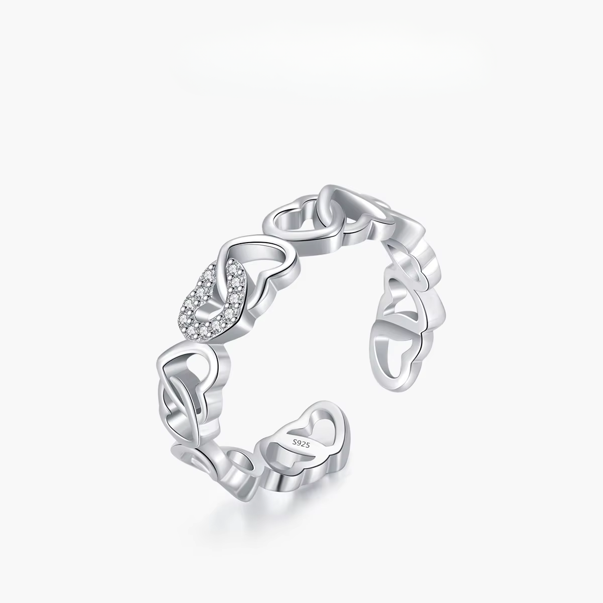 4ac40d78-8c06-4692-bfe8-0098c9266ec3141764.png Silver Sparkling Clear Zircon Free Size Rings Heart To Heart Adjustable Ring - الصورة 1