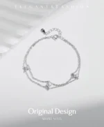 ⁦Silver Double-layer Four Leaf Clover Bracelet Trendy Chain Link Bracelets⁩ - الصورة ⁦6⁩