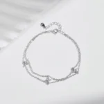 ⁦Silver Double-layer Four Leaf Clover Bracelet Trendy Chain Link Bracelets⁩ - الصورة ⁦3⁩