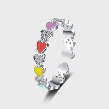 S925 Pure Silver Luxury Sweet Love Rainbow Enamel Ring Girl