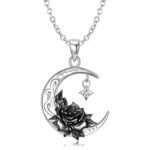 S925 Sterling Silver Black Water Lily And Crescent Necklace Original Niche Design