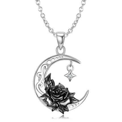 S925 Sterling Silver Black Water Lily And Crescent Necklace Original Niche Design